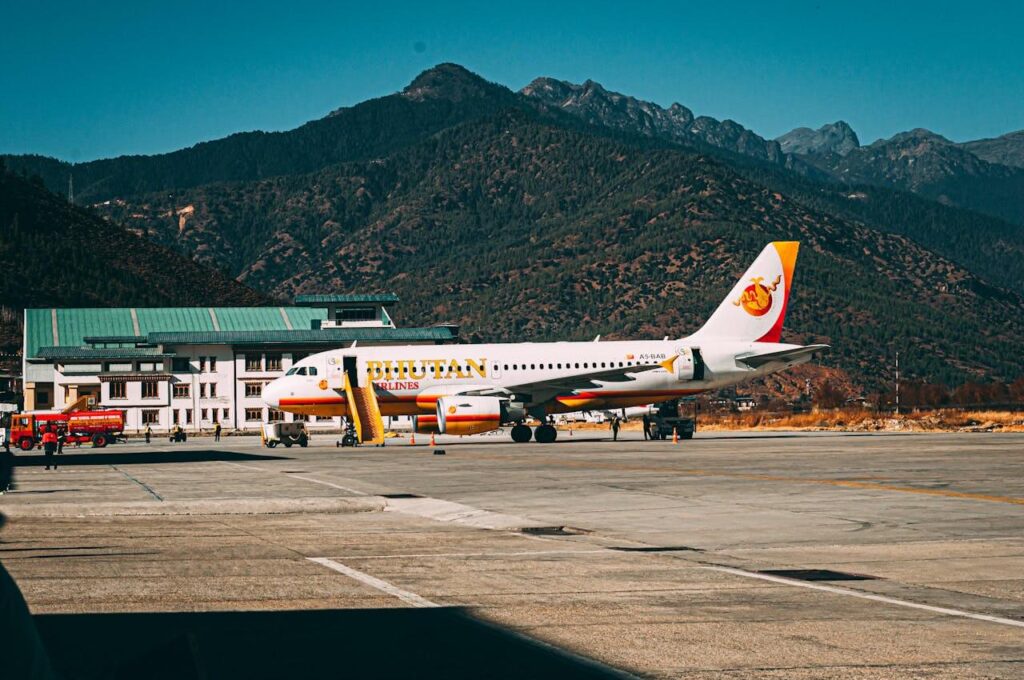 Airplane parked at Paro Airport in Bhutan