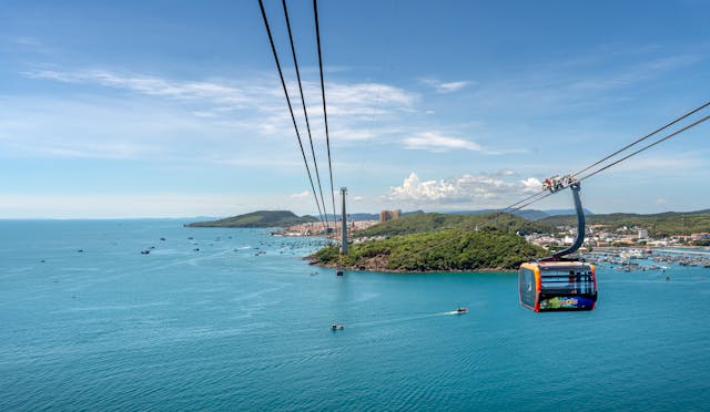 Cable car over the sea in Phu Quoc with panoramic views of islands, blue water
