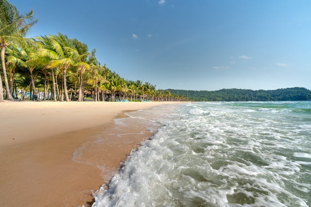 Beach with soft sea sand and calm shoreline by the ocean.