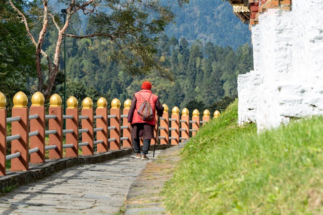 Person hiking on a scenic mountain trail in Bhutan